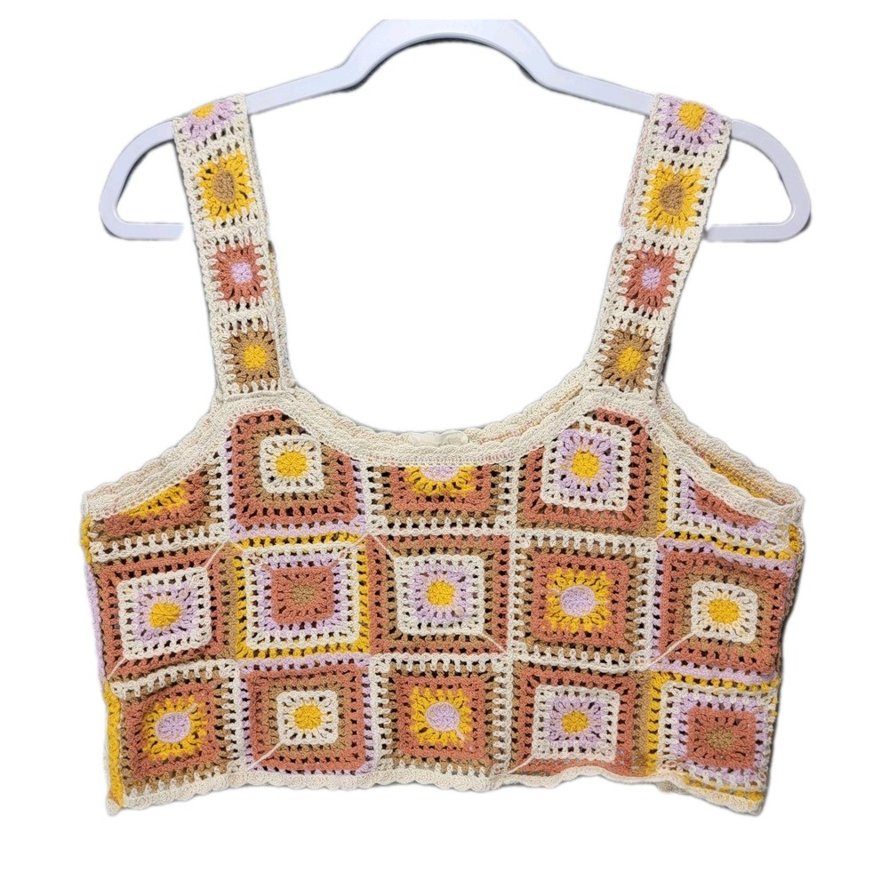 New In Granny Square Y2K Crochet Tank Top L Boho Festival Yarn Crop Colorful